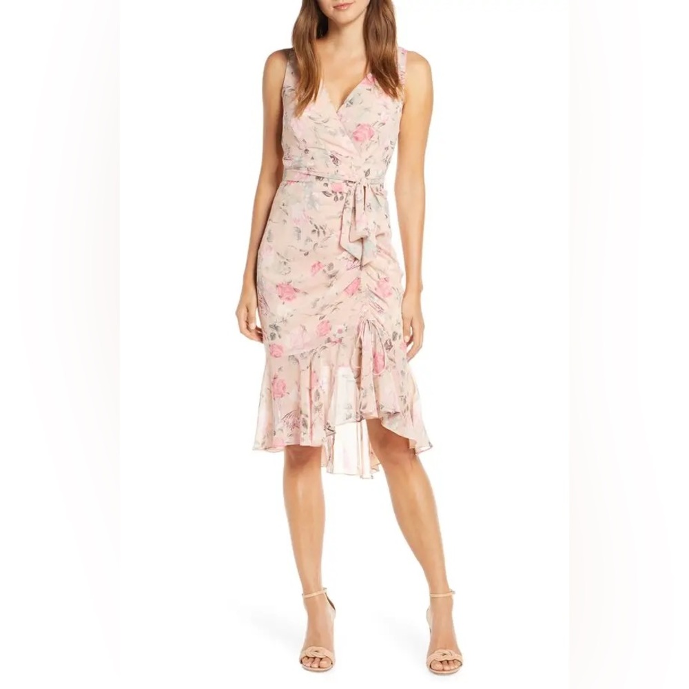 Eliza J Floral Ruched Chiffon Sheath Dress - Pink